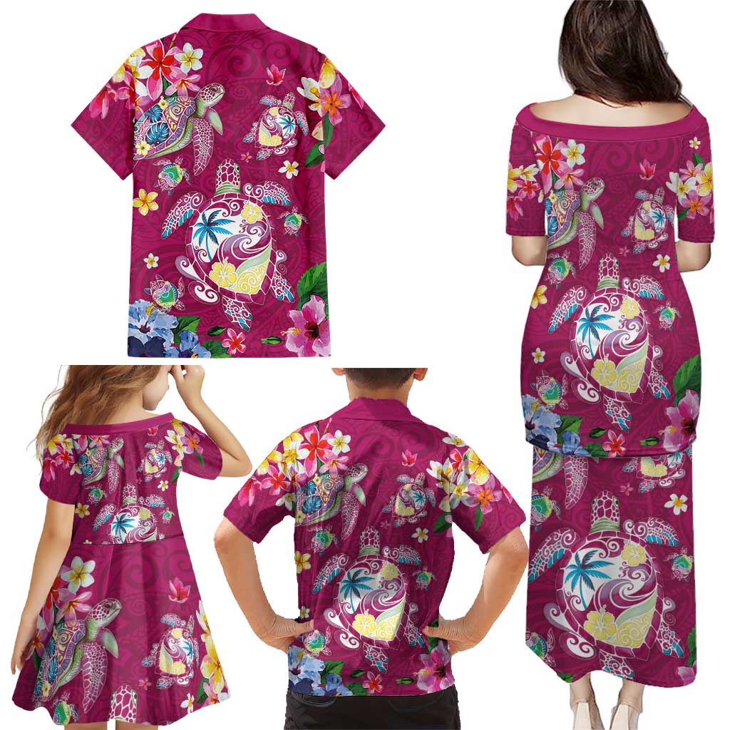 Hawaiian Turtles and Tropical Plants Family Matching Puletasi and Hawaiian Shirt Pink Watercolor