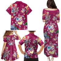 Hawaiian Turtles and Tropical Plants Family Matching Puletasi and Hawaiian Shirt Pink Watercolor