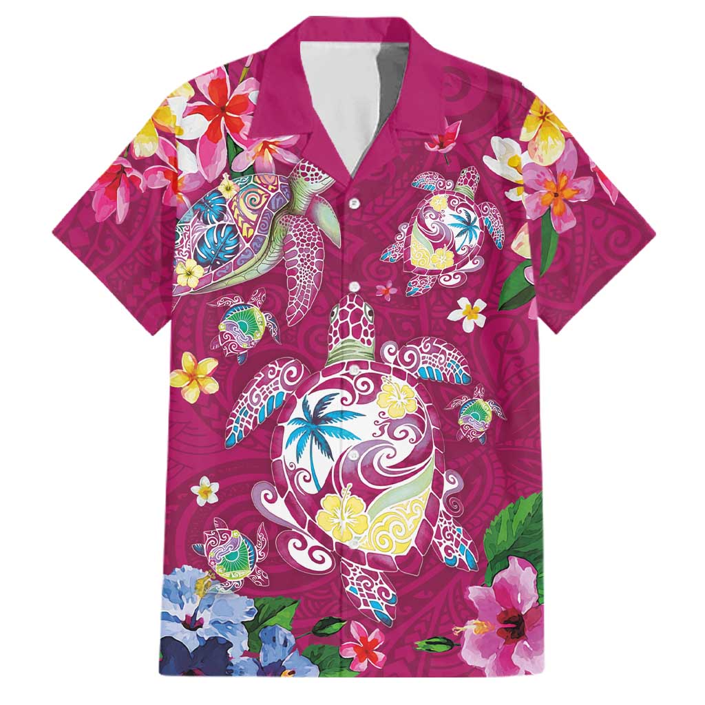 Hawaiian Turtles and Tropical Plants Family Matching Puletasi and Hawaiian Shirt Pink Watercolor