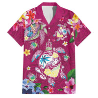 Hawaiian Turtles and Tropical Plants Family Matching Puletasi and Hawaiian Shirt Pink Watercolor