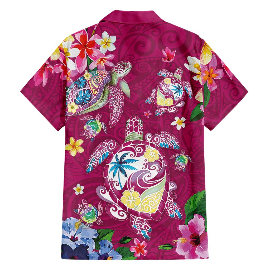 Hawaiian Turtles and Tropical Plants Family Matching Puletasi and Hawaiian Shirt Pink Watercolor