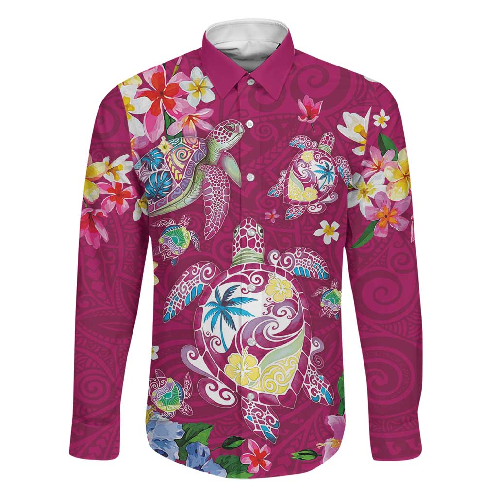 Hawaiian Turtles and Tropical Plants Family Matching Puletasi and Hawaiian Shirt Pink Watercolor