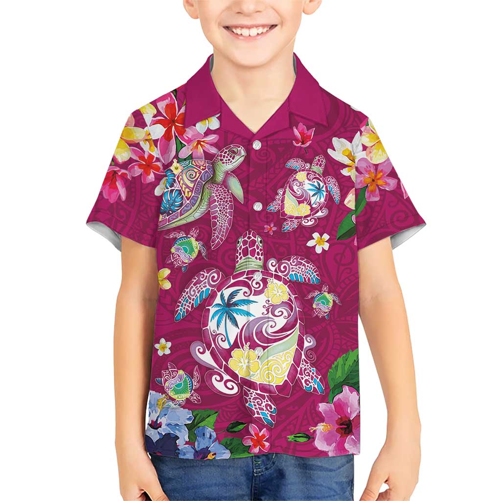 Hawaiian Turtles and Tropical Plants Family Matching Puletasi and Hawaiian Shirt Pink Watercolor