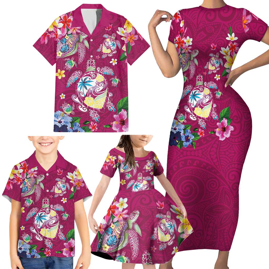 Hawaiian Turtles and Tropical Plants Family Matching Short Sleeve Bodycon Dress and Hawaiian Shirt Pink Watercolor LT03 - Polynesian Pride
