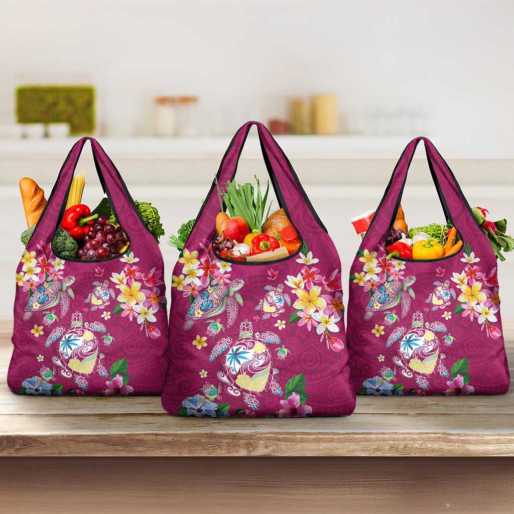 Hawaiian Turtles and Tropical Plants Grocery Bag Pink Watercolor