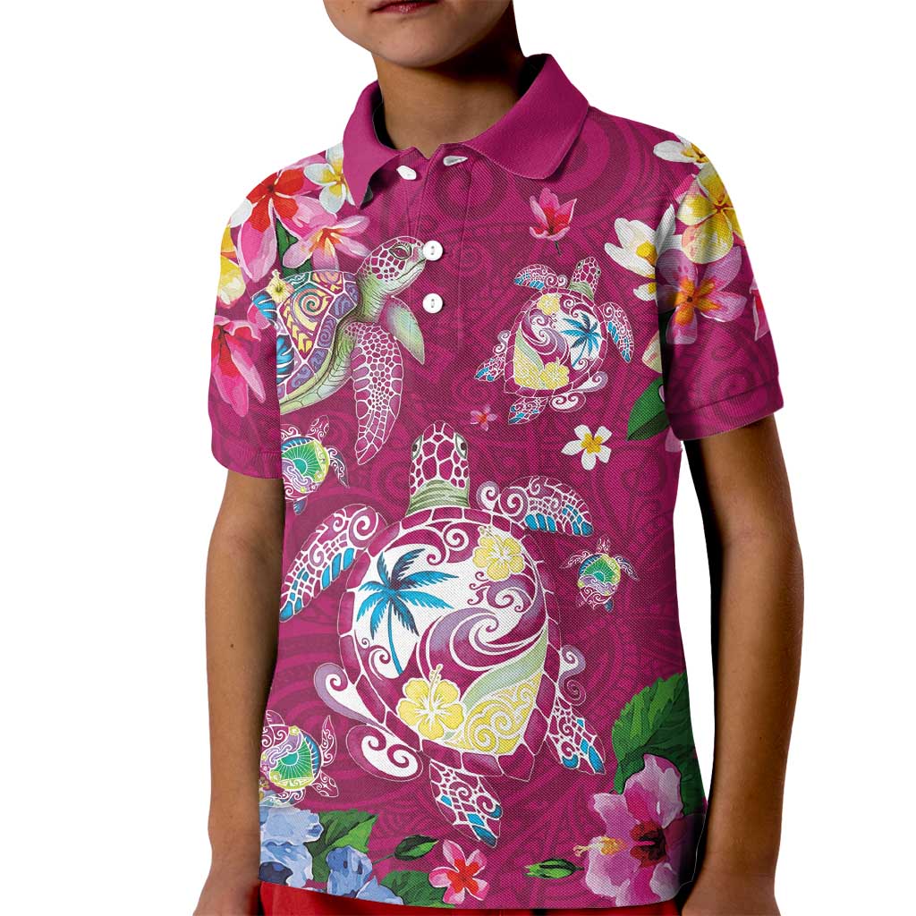 Hawaiian Turtles and Tropical Plants Kid Polo Shirt Pink Watercolor