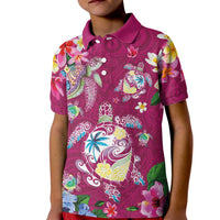 Hawaiian Turtles and Tropical Plants Kid Polo Shirt Pink Watercolor