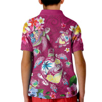 Hawaiian Turtles and Tropical Plants Kid Polo Shirt Pink Watercolor
