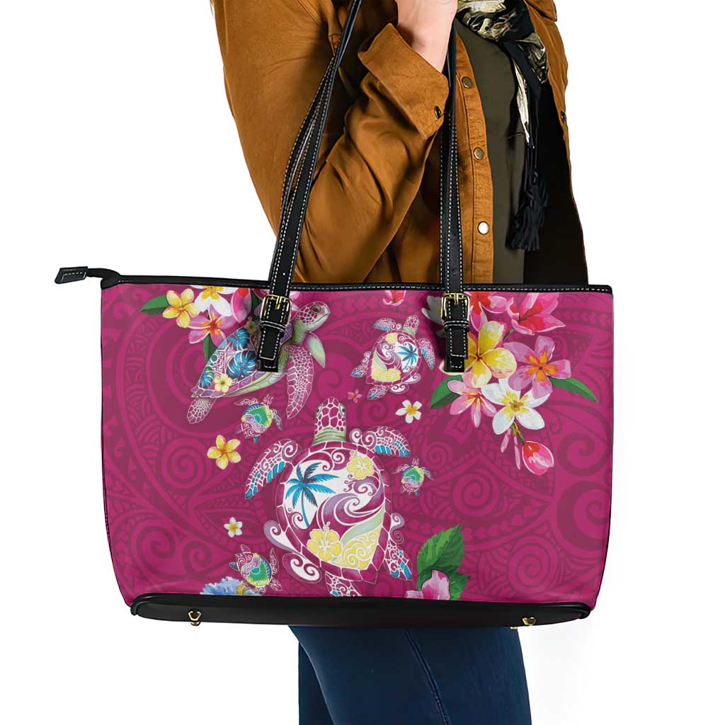 Hawaiian Turtles and Tropical Plants Leather Tote Bag Pink Watercolor LT03 - Polynesian Pride