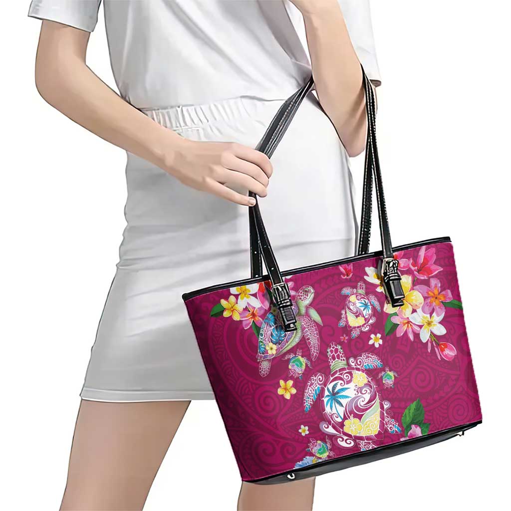 Hawaiian Turtles and Tropical Plants Leather Tote Bag Pink Watercolor LT03 - Polynesian Pride