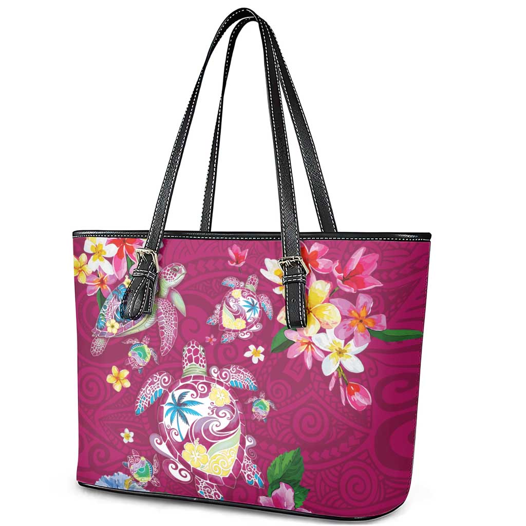 Hawaiian Turtles and Tropical Plants Leather Tote Bag Pink Watercolor LT03 - Polynesian Pride