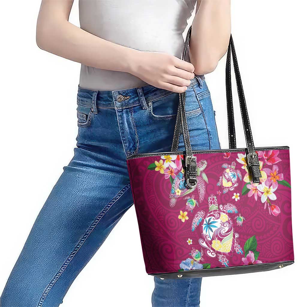 Hawaiian Turtles and Tropical Plants Leather Tote Bag Pink Watercolor LT03 - Polynesian Pride