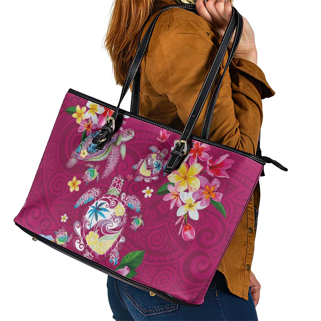 Hawaiian Turtles and Tropical Plants Leather Tote Bag Pink Watercolor LT03 - Polynesian Pride