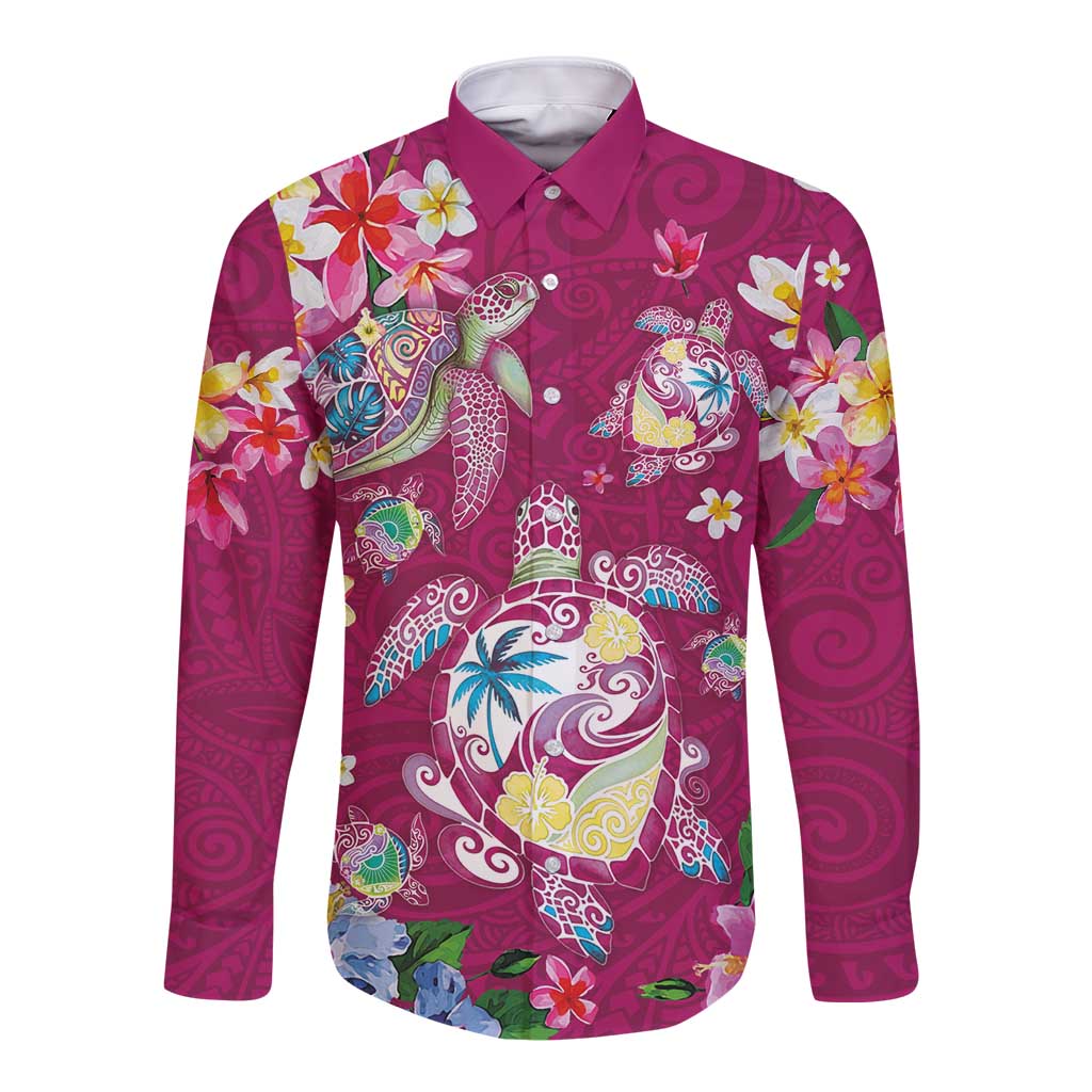 Hawaiian Turtles and Tropical Plants Long Sleeve Button Shirt Pink Watercolor
