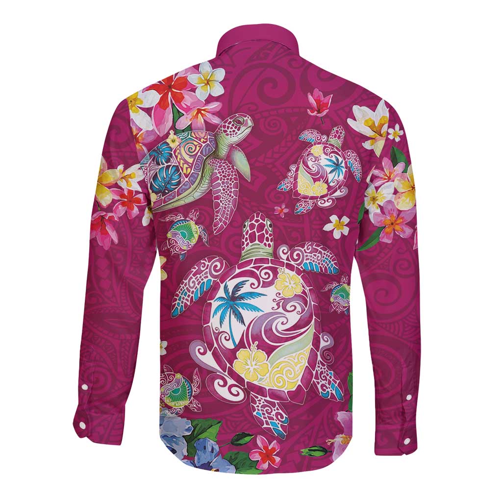 Hawaiian Turtles and Tropical Plants Long Sleeve Button Shirt Pink Watercolor