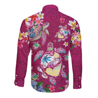 Hawaiian Turtles and Tropical Plants Long Sleeve Button Shirt Pink Watercolor