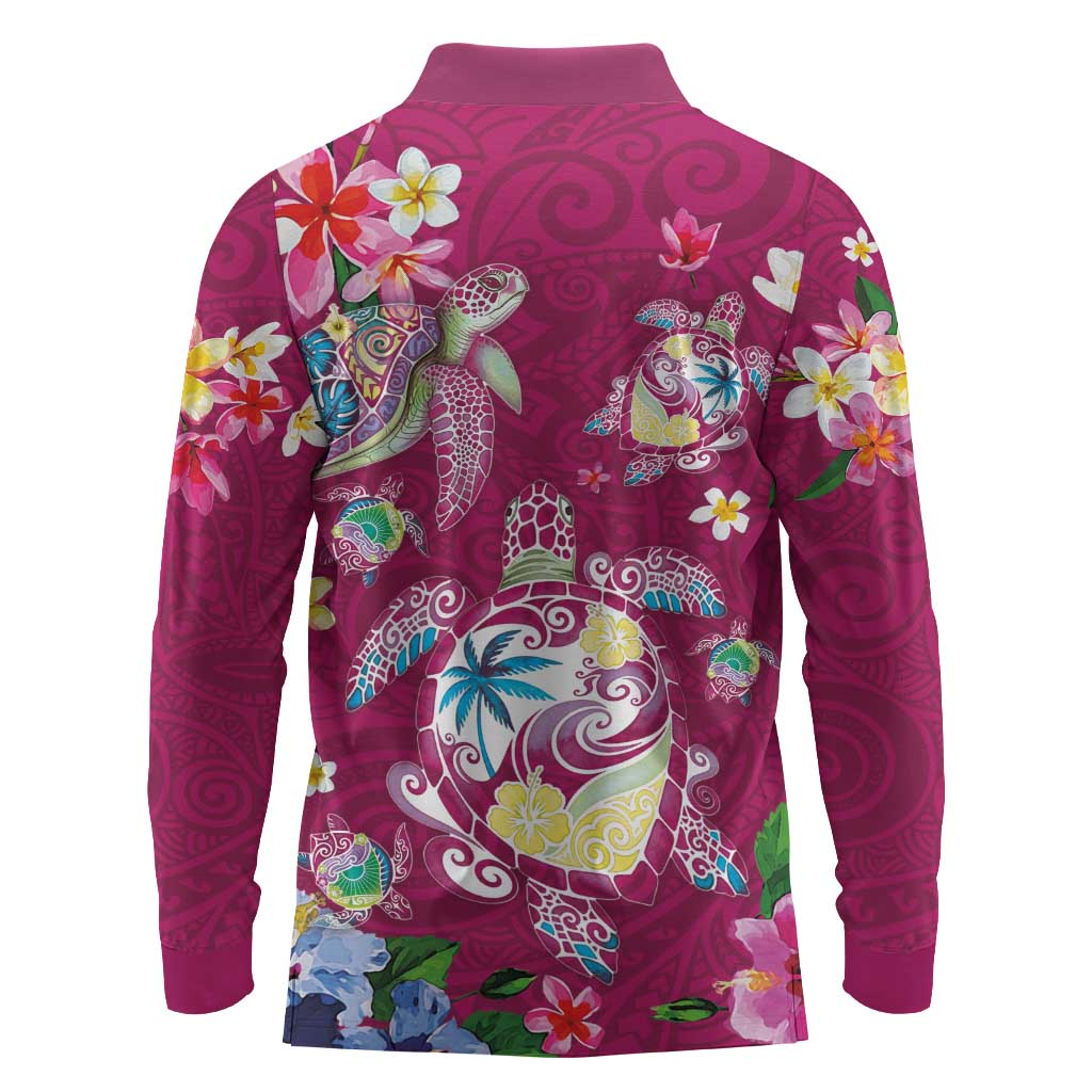 Hawaiian Turtles and Tropical Plants Long Sleeve Polo Shirt Pink Watercolor LT03 - Polynesian Pride