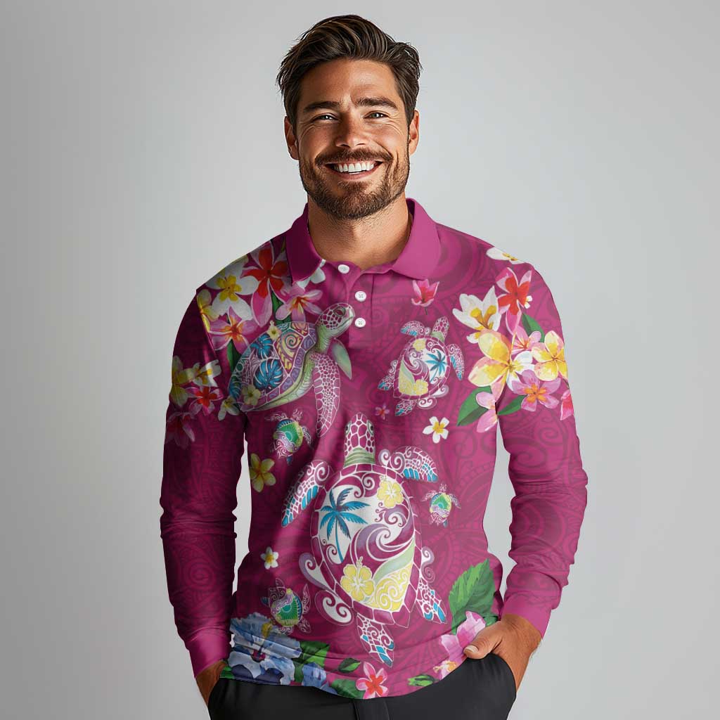 Hawaiian Turtles and Tropical Plants Long Sleeve Polo Shirt Pink Watercolor LT03 - Polynesian Pride
