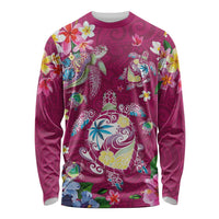 Hawaiian Turtles and Tropical Plants Long Sleeve Shirt Pink Watercolor LT03 Unisex Pink - Polynesian Pride