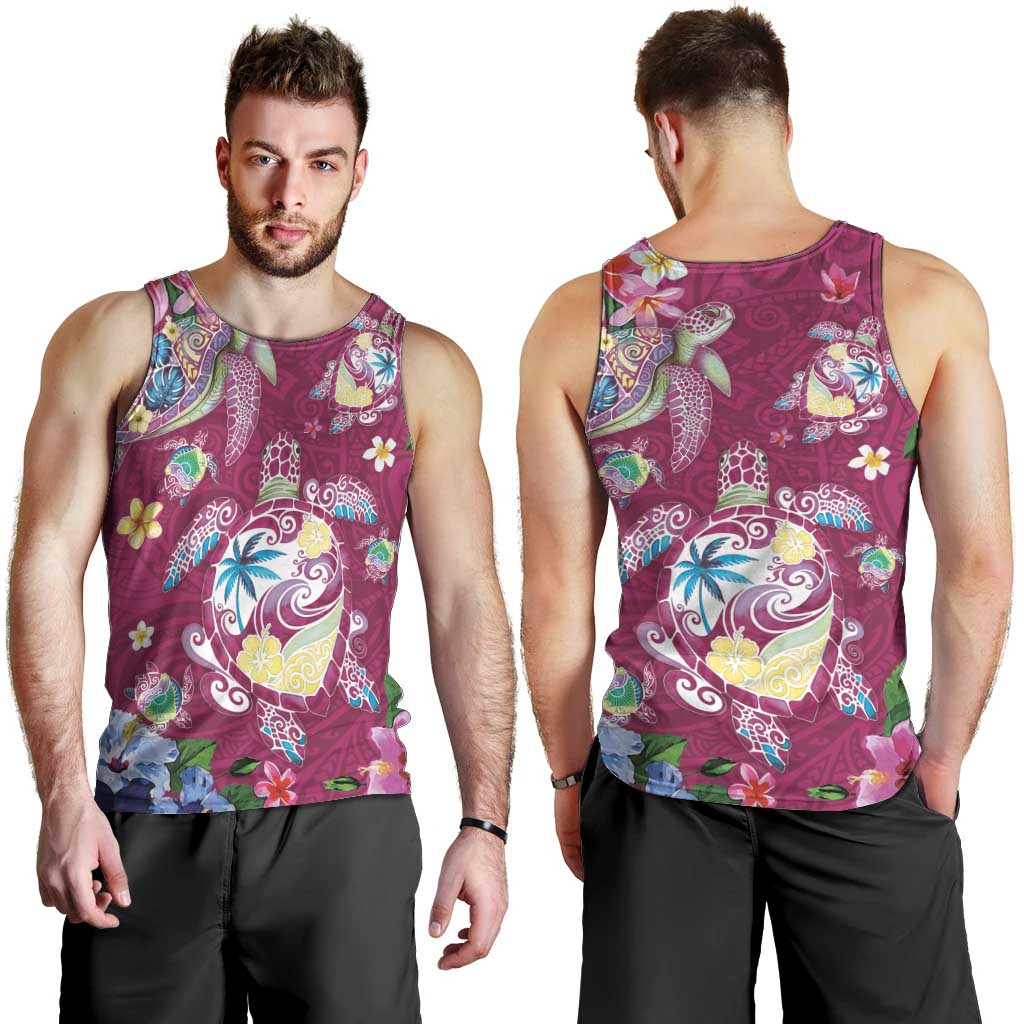 Hawaiian Turtles and Tropical Plants Men Tank Top Pink Watercolor LT03 - Polynesian Pride