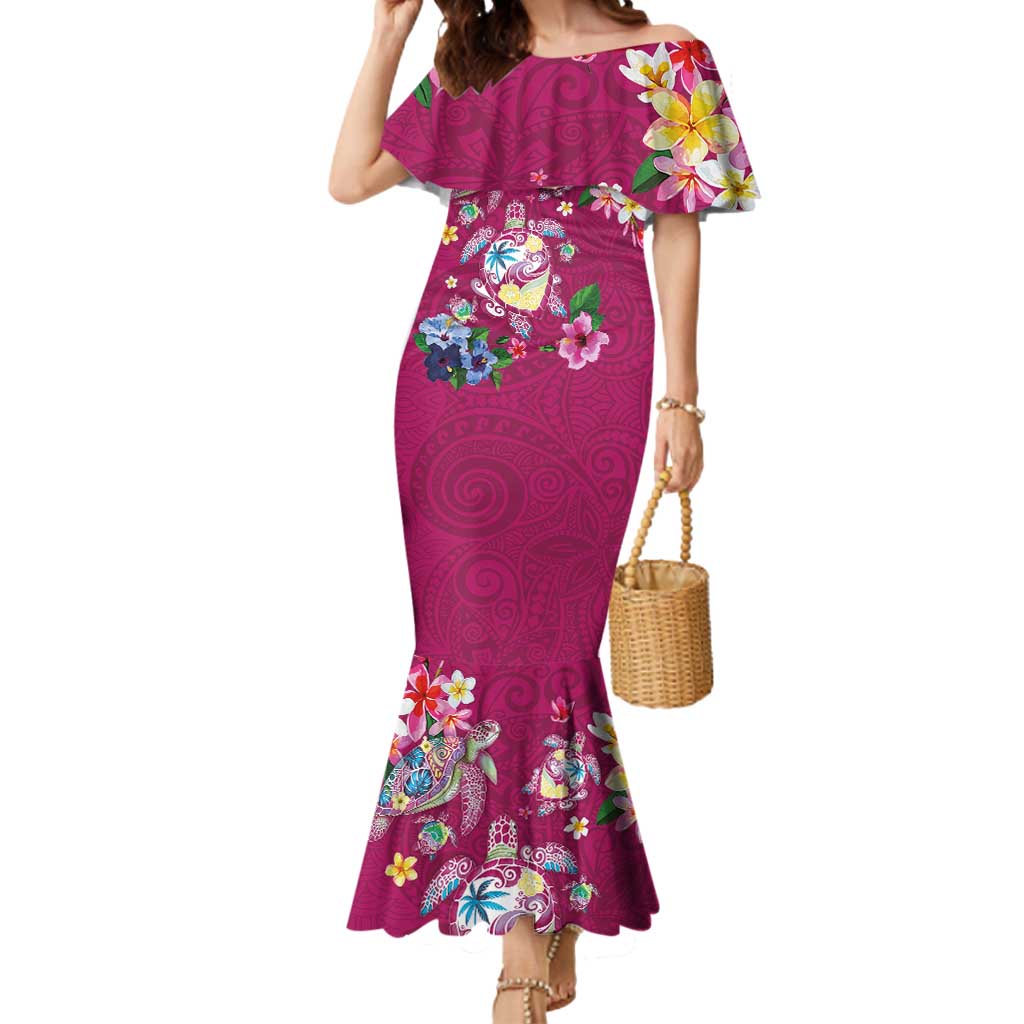 Hawaiian Turtles and Tropical Plants Mermaid Dress Pink Watercolor LT03 Women Pink - Polynesian Pride