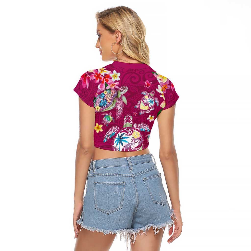 Hawaiian Turtles and Tropical Plants Raglan Cropped T Shirt Pink Watercolor LT03 - Polynesian Pride