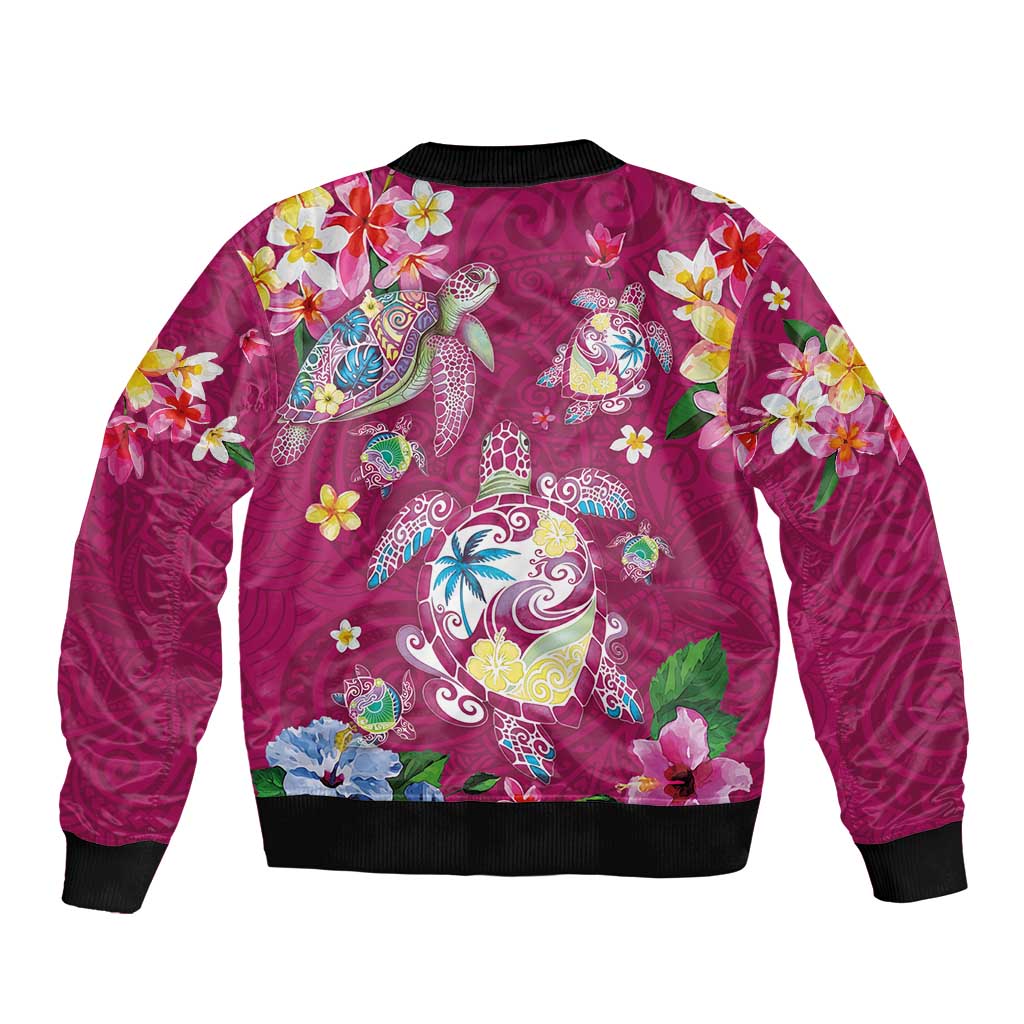Hawaiian Turtles and Tropical Plants Sleeve Zip Bomber Jacket Pink Watercolor LT03 - Polynesian Pride