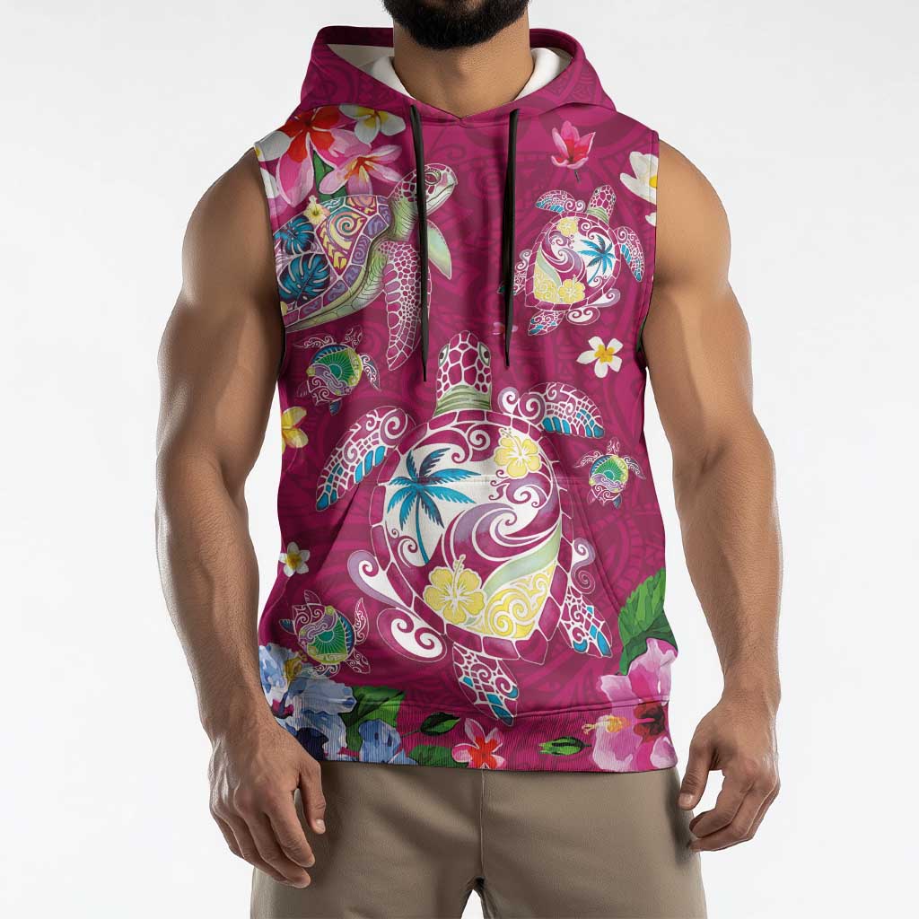 Hawaiian Turtles and Tropical Plants Sleeveless Hoodie Pink Watercolor LT03 - Polynesian Pride
