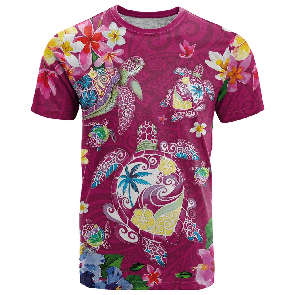 Hawaiian Turtles and Tropical Plants T Shirt Pink Watercolor