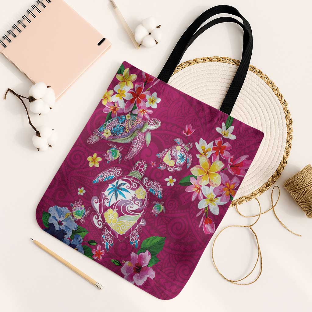 Hawaiian Turtles and Tropical Plants Tote Bag Pink Watercolor