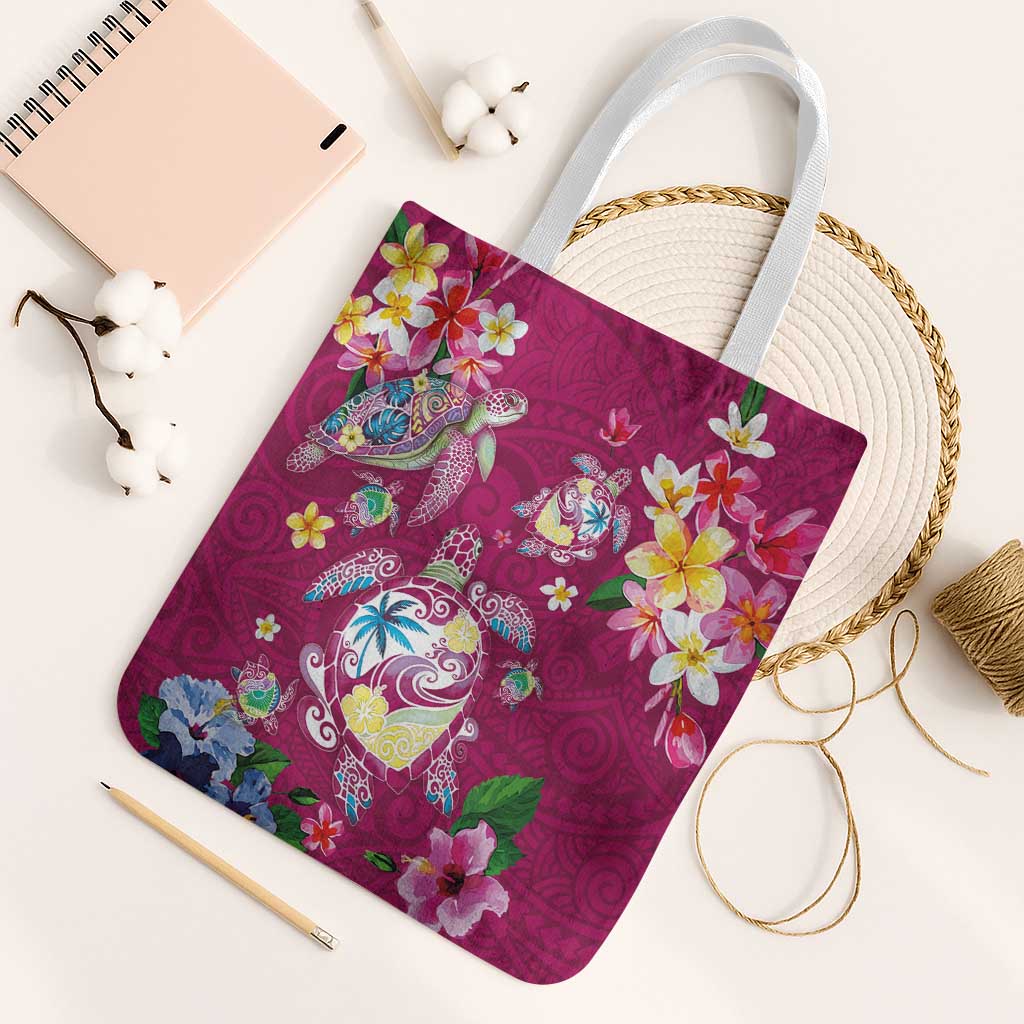 Hawaiian Turtles and Tropical Plants Tote Bag Pink Watercolor