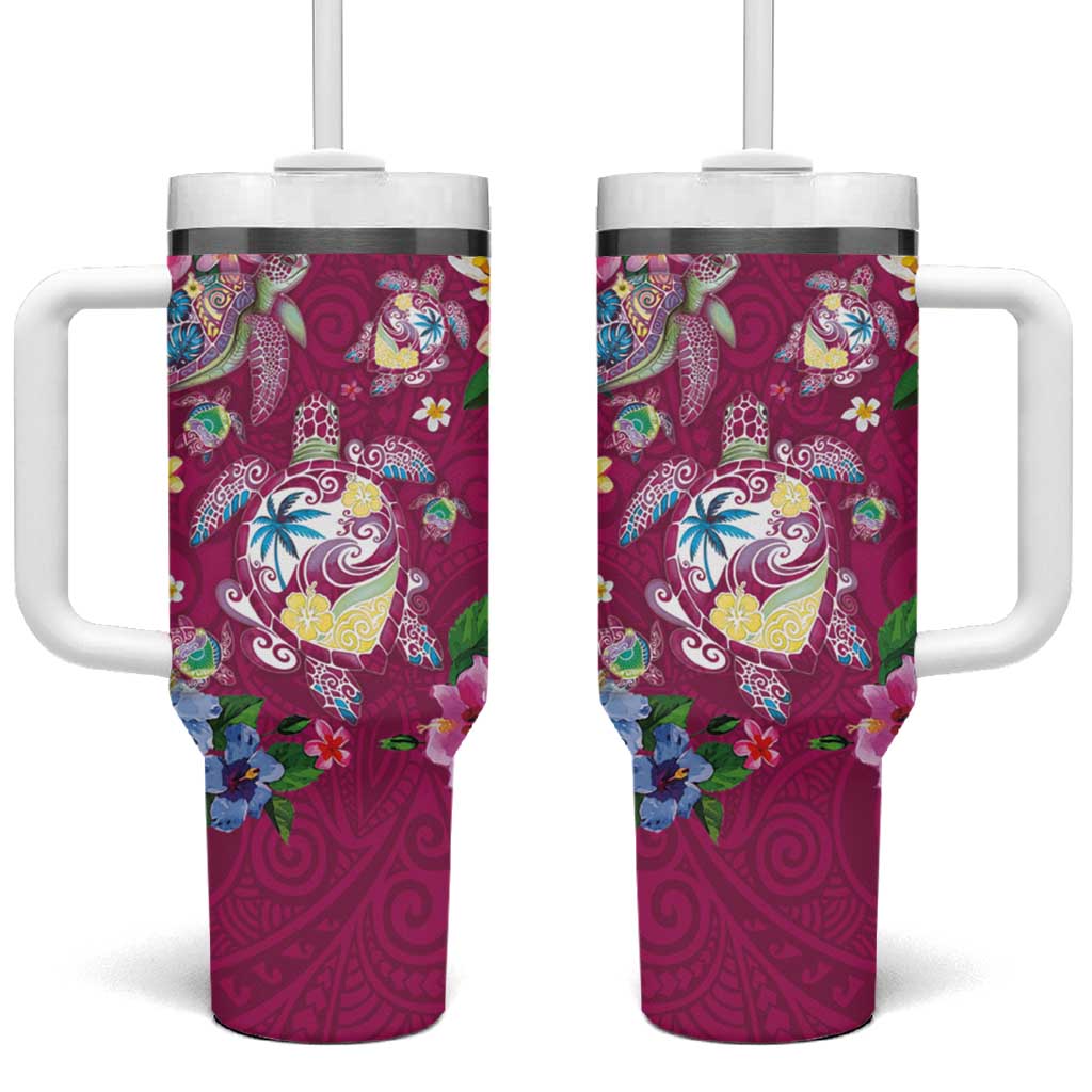 Hawaiian Turtles and Tropical Plants Tumbler With Handle Pink Watercolor