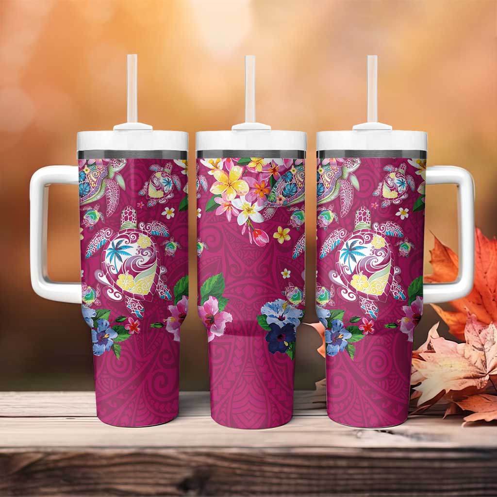 Hawaiian Turtles and Tropical Plants Tumbler With Handle Pink Watercolor