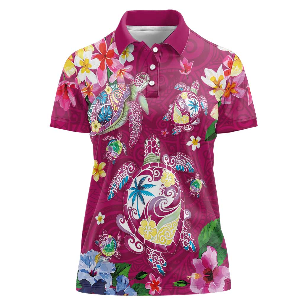 Hawaiian Turtles and Tropical Plants Women Polo Shirt Pink Watercolor