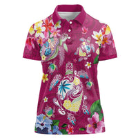 Hawaiian Turtles and Tropical Plants Women Polo Shirt Pink Watercolor