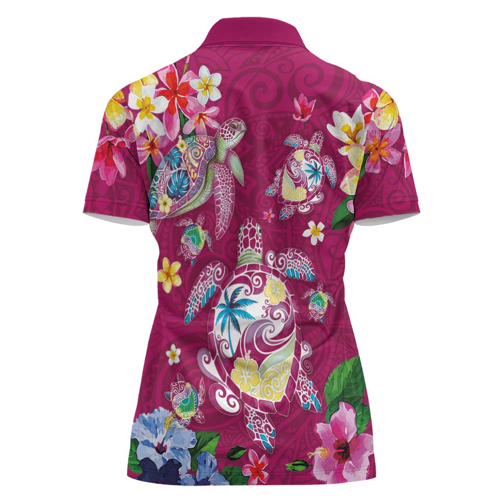 Hawaiian Turtles and Tropical Plants Women Polo Shirt Pink Watercolor