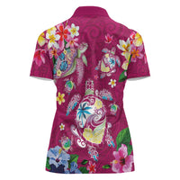 Hawaiian Turtles and Tropical Plants Women Polo Shirt Pink Watercolor
