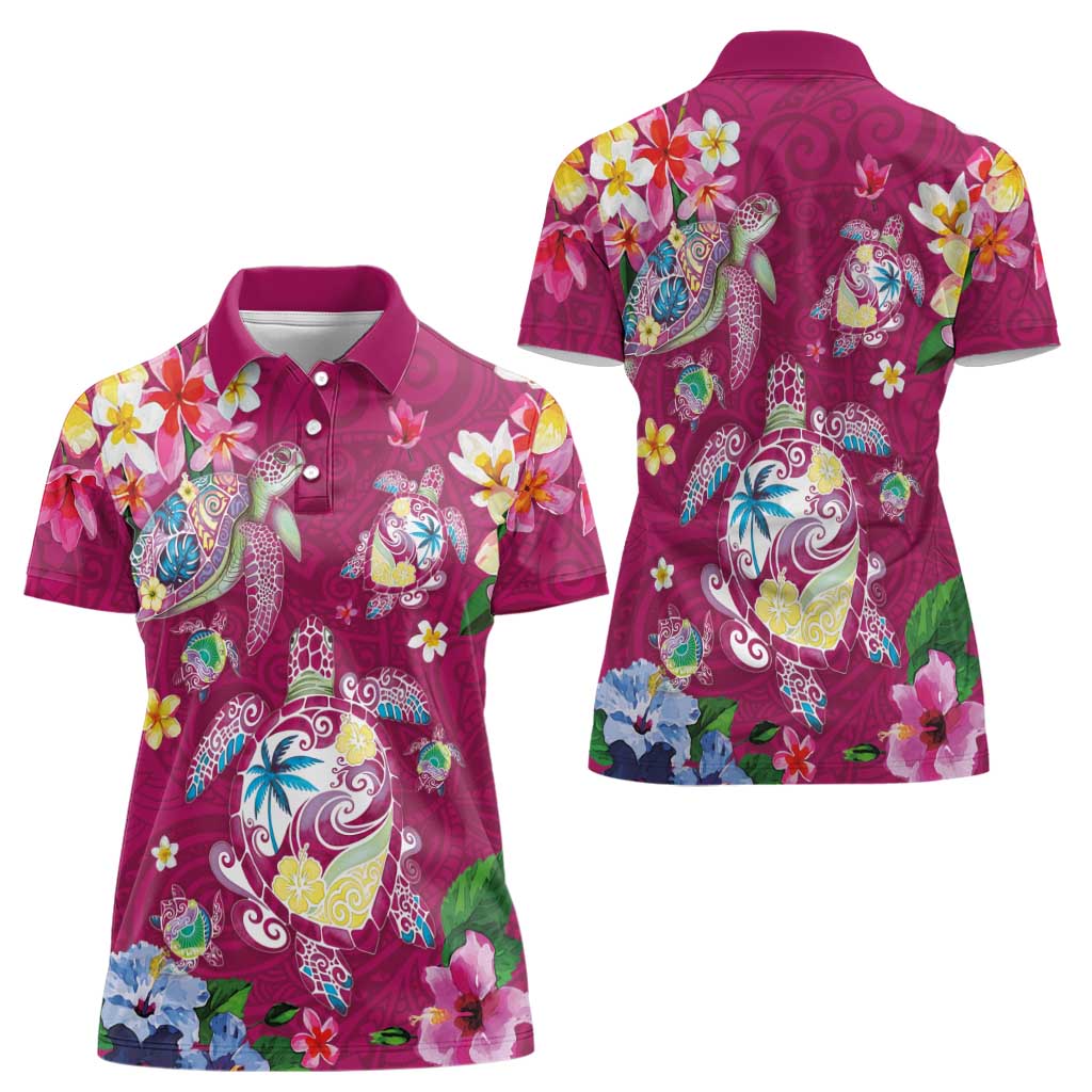 Hawaiian Turtles and Tropical Plants Women Polo Shirt Pink Watercolor