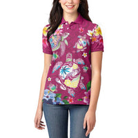 Hawaiian Turtles and Tropical Plants Women Polo Shirt Pink Watercolor