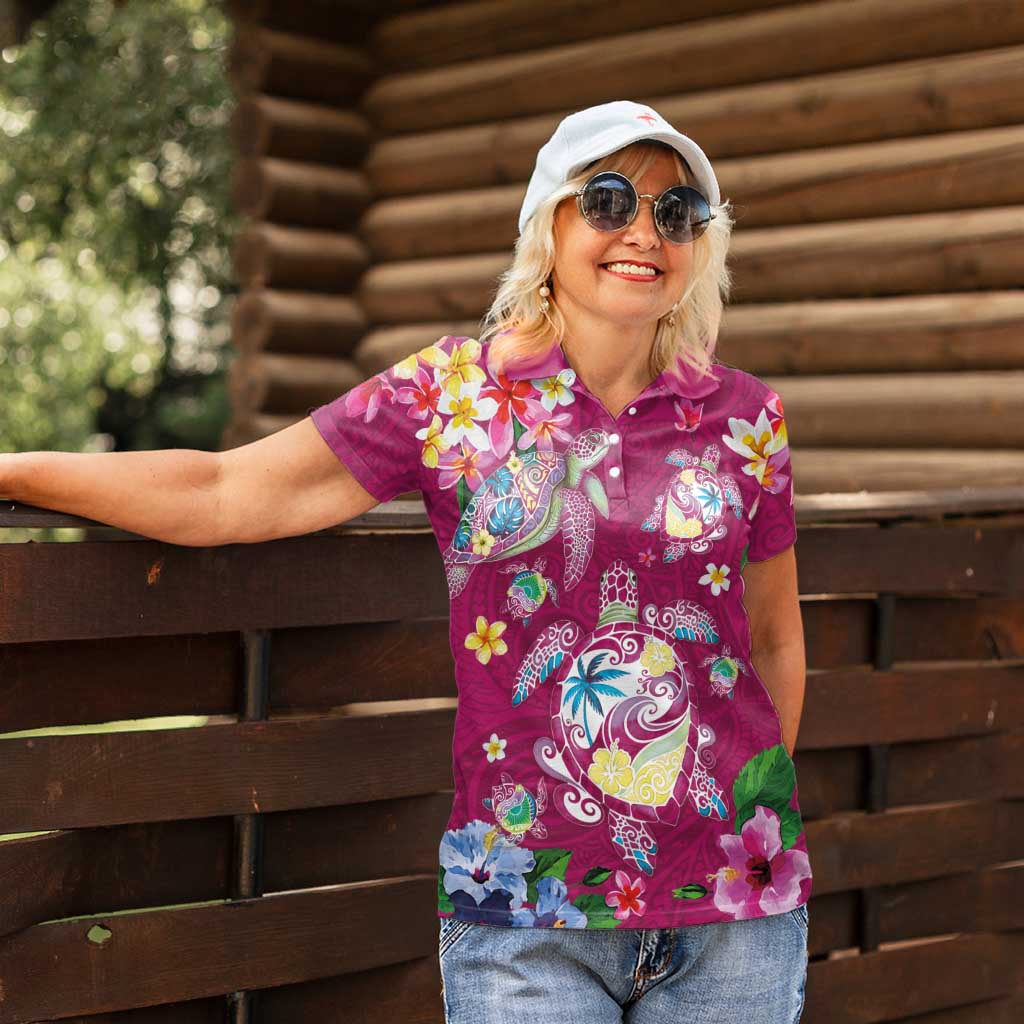 Hawaiian Turtles and Tropical Plants Women Polo Shirt Pink Watercolor
