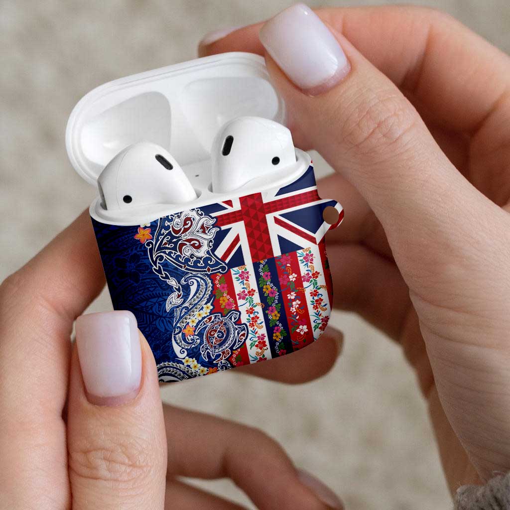 Hawaiian Manta Ray and Turtle Tribal Tattoo AirPods Case With Hawaii Flag and Flowers