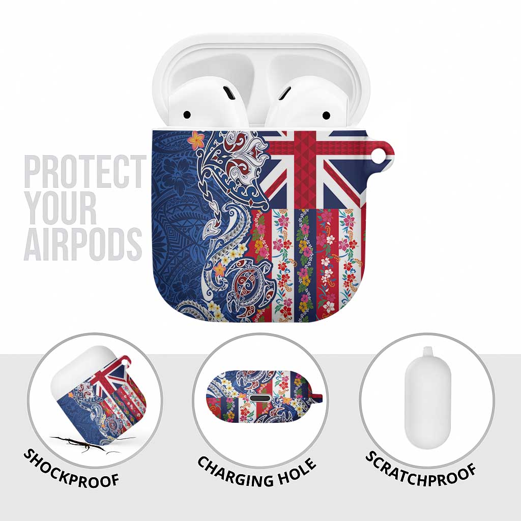 Hawaiian Manta Ray and Turtle Tribal Tattoo AirPods Case With Hawaii Flag and Flowers