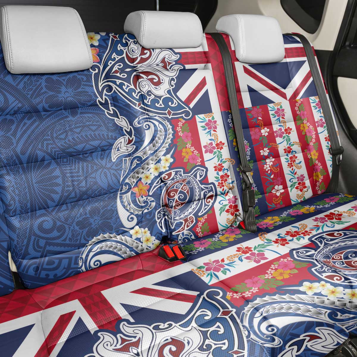 Hawaiian Manta Ray and Turtle Tribal Tattoo Back Car Seat Cover With Hawaii Flag and Flowers