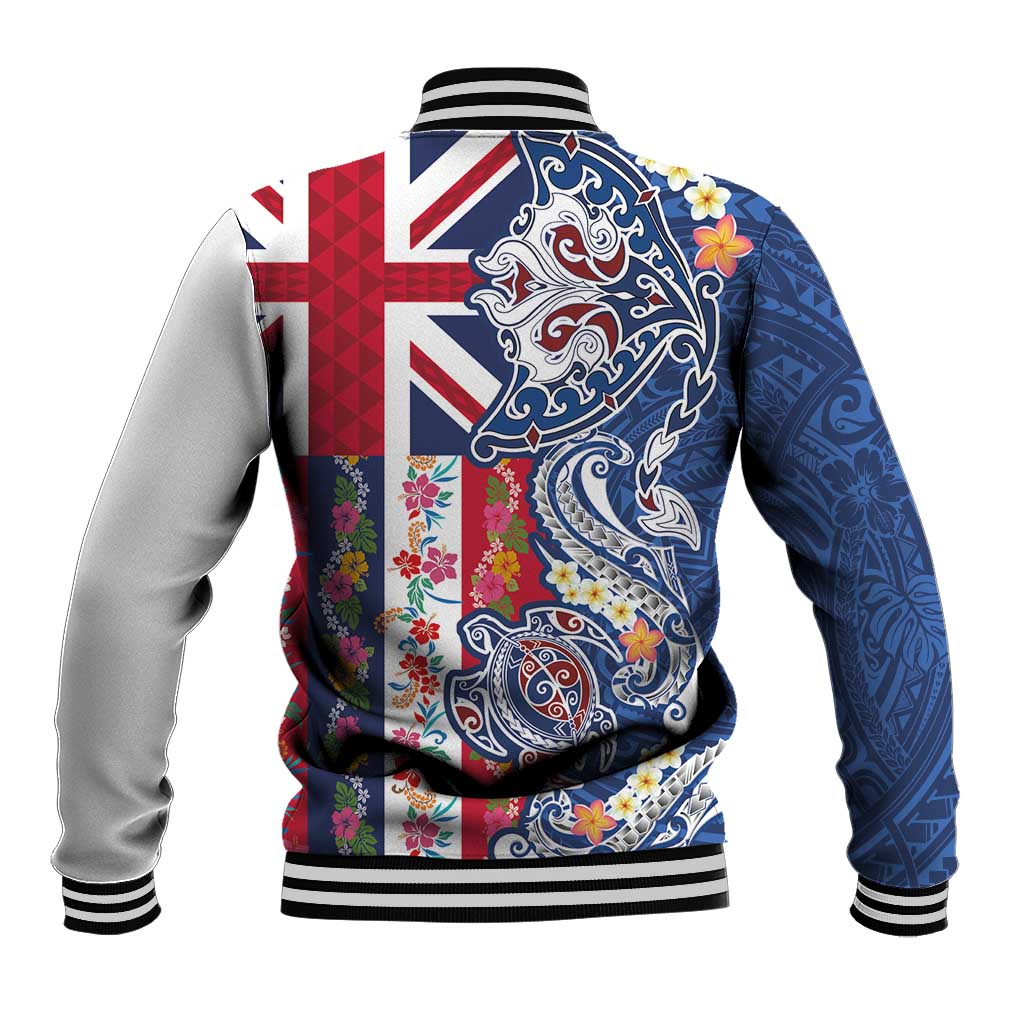 Hawaiian Manta Ray and Turtle Tribal Tattoo Baseball Jacket With Hawaii Flag and Flowers LT03 - Polynesian Pride