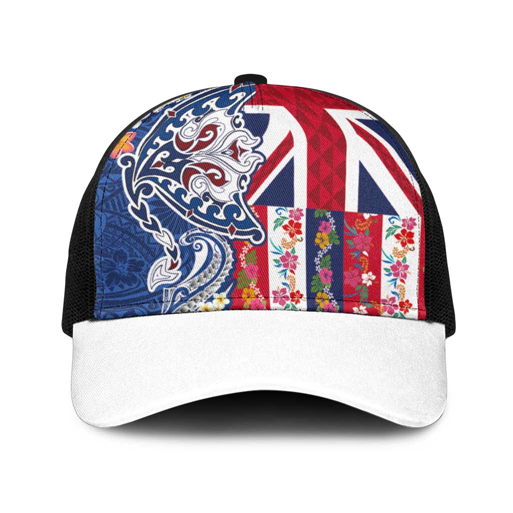 Hawaiian Manta Ray Baseball Net Cap with Hawaii Flag and Flowers
