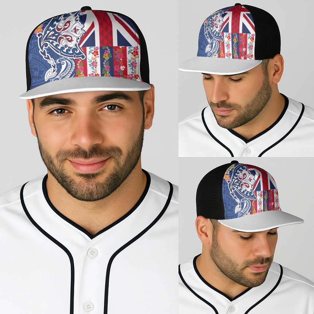Hawaiian Manta Ray Baseball Net Cap with Hawaii Flag and Flowers