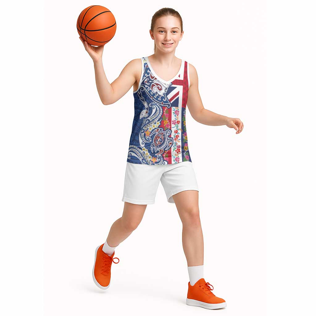 Hawaiian Manta Ray and Turtle Tribal Tattoo Basketball Jersey With Hawaii Flag and Flowers LT03 - Polynesian Pride