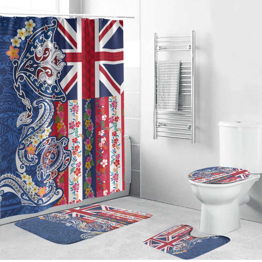 Hawaiian Manta Ray and Turtle Tribal Tattoo Bathroom Set With Hawaii Flag and Flowers