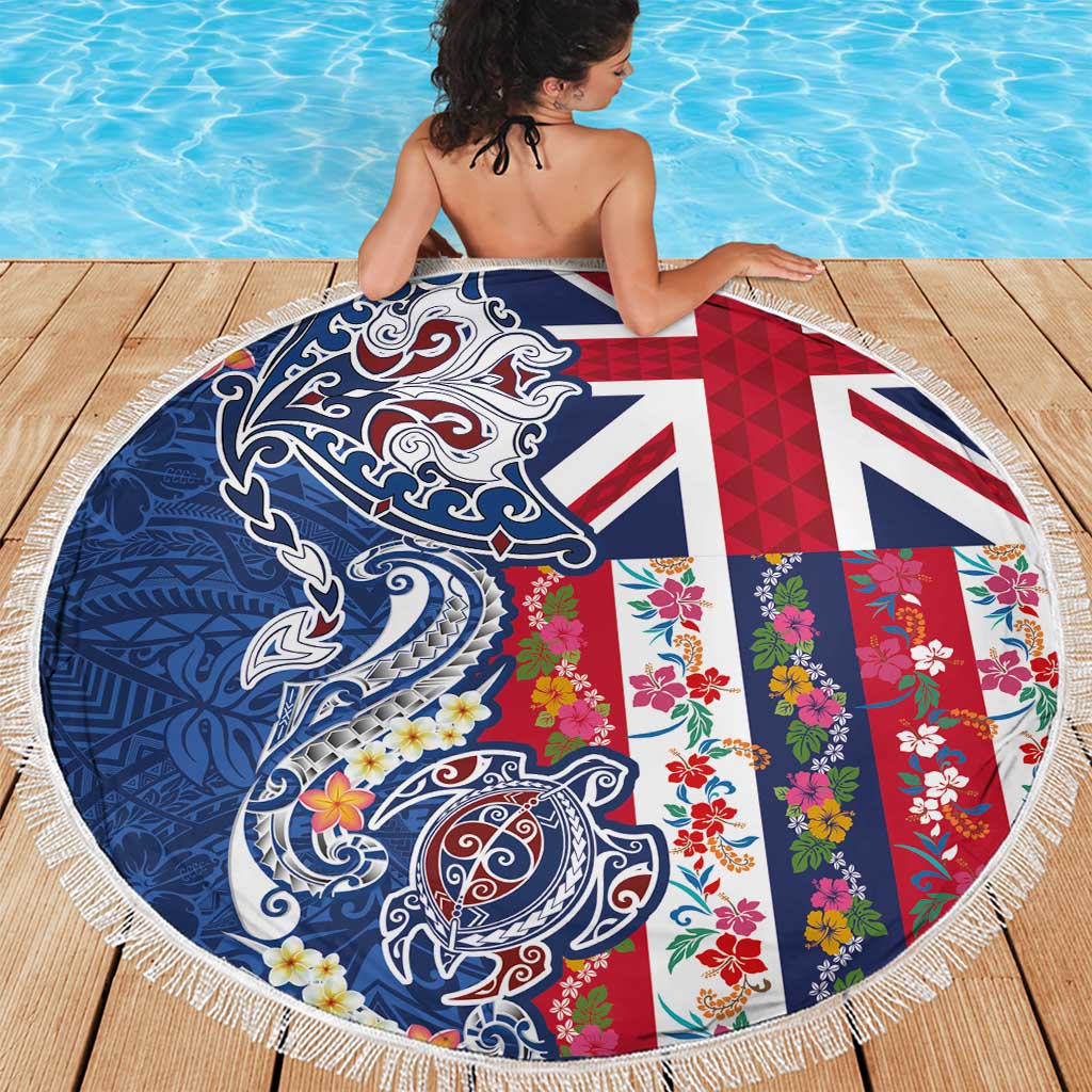 Hawaiian Manta Ray and Turtle Tribal Tattoo Beach Blanket With Hawaii Flag and Flowers LT03 - Polynesian Pride