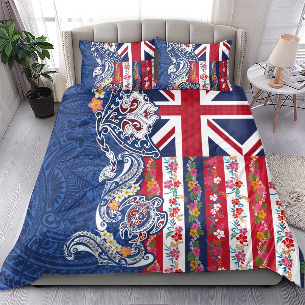 Hawaiian Manta Ray and Turtle Tribal Tattoo Bedding Set With Hawaii Flag and Flowers LT03 - Polynesian Pride